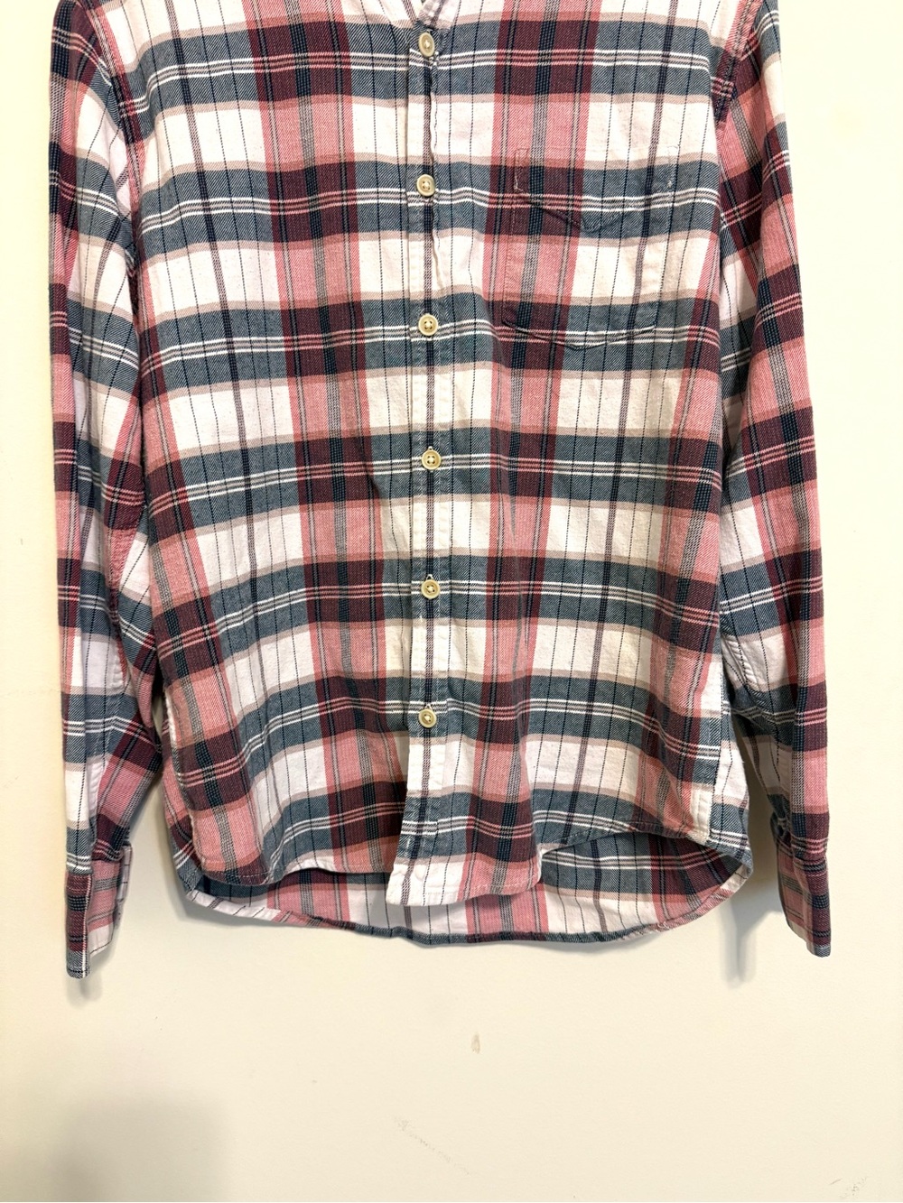 2/$30 Lucky Brand Saturday Stretch Plaid Flannel Shirt Medium Pink Blue Cream - Picture 3 of 8